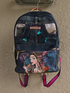 Nicole Lee Denim Backpack with Teal Butterflies and Pink Straps